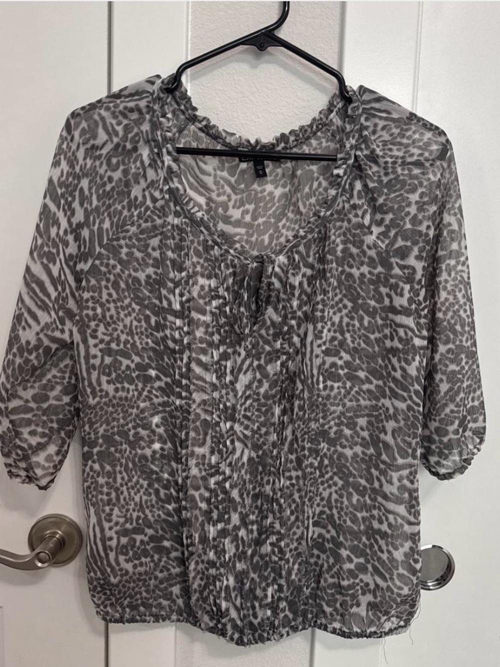 Express Gray Animal-Print Ruffle Tie Blouse